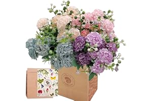 SNAIL GARDEN SNAILGARDEN Artificial Hydrangea with 40 Flower Heads, 4 Pieces Silk, Flowers with Berry Grains, Artificial Flowers with Greeting Card & Paper Bag, Blue, Champagne, Pink & Purple