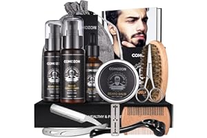 Kit Barbe Homme Complet 12 en 1 Kit de Soin Barbe Homme avec Rouleau Barbe Contenir Shampoing Barbe,Huile Barbe,Crèmes de Barbe, Peigne Barbe,Brosse à Barbe,Ciseaux Barbe, Rasoir, 10 lames Barbe