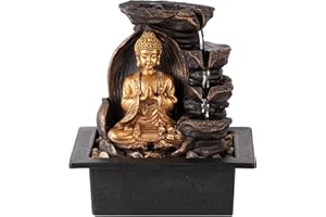 LEOM Lord Buddha Indoor Tabletop Fountain 4-Tier Water Feature LED Lights Polyresin Statues Home Decoration, Water Soothing Sound Meditation Relaxation