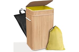 COTTARA Bambusowy uchwyt na worek na śmieci żółty, piękny, z kieszenią wewnętrzną, zmywalny, 60 l, żółty, podwójny wzmocniony uchwyt z pokrywką