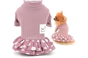 SMALLLEE_LUCKY_STORE Pet Clothes Girls Puppy Knit Sweater Dress for Small Medium Dog Cat Dots Tiered Skirt Female Yorkie Chihuahua Apparel,Pink,L