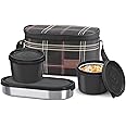Milton Decker Lunch Box with Insulated Fabric Jacket, 3 Containers (1 Oval Stainless Steel 450 ml, 2 Inner Stainless Steel 450 ml), Microwave Safe & Leak-Proof Tiffin for Office, School, College,Black