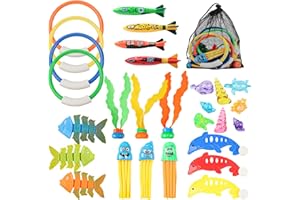 PHLOGNFY 34p Giocattoli Subacquei Bambini, Set Giocattoli Subacquei Piscina, Meduse + Delfini + Cerchi + Gemme + Lische Di Pesce + Alghe + Mine Pesce + Sacchetti Rete, Per Spiagge Aperto Festa Piscina Regalo