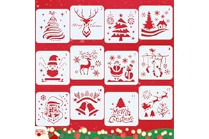 Yonality 12 pièces pochoir de noël pour la peinture 13x13cm, modèle de pochoir de dessin de noël en plastique réutilisable, pour fabrication de cartes artisanales, décoration de noël, cadeau noel