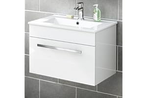 iBathUK Avon Wall Hung Vanity Unit with Basin, Slim Edge Ceramic Wash Basin for Bathroom Furniture, Storage Cabinet with 2 Doors- Gloss White (Flat Pack)