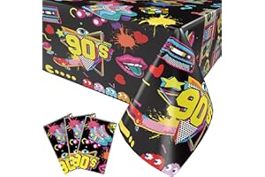Paready 3 Pack 90s Tablecloth, 90s Theme Tablecloths for Back to The 90’s Birthday Party, 90’s Party Table Cover with Recorder Skates Design for 1990s Hip Hop Throwback Party Decorations, 54" x 108"