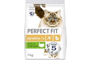 PERFECT FIT CAT Perfect Fit Sensitive 1+ Katzentrockenfutter reich an Truthahn, 7kg (1 Beutel) – Premium Katzenfutter für erwachsene, sensible Katzen ab 1 Jahr, ohne Weizen & Soja, zur Unterstützung der Verdauung