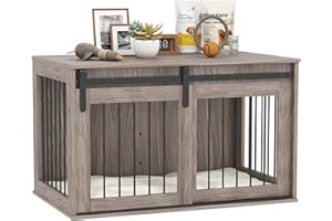 PawHut Dog Crate Furniture, Large Dog Cage with Barn Door for Large Breeds, End Side Table Pet Kennel with Removable Cushion for Indoor Use, 80 x 54 x 57cm, Walnut Brown