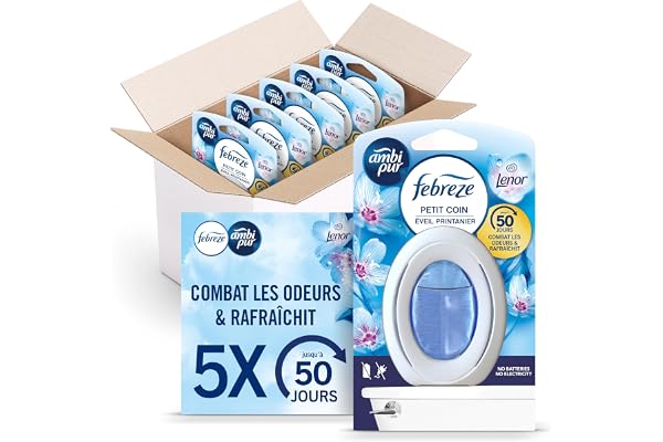 Febreze Petit Coin, Désodorisant WC En Continu (7.5ml x5), Parfum Eveil Printanier, Combat Les Odeurs, Fraîcheur Jusqu'à 50 Jours