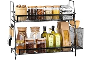 PopuLike 2 Tier Coffee Station Organizer for Countertop, Metal Kitchen Storage Rack Spice Organiser Coffee Bar Accessories Shelf with 4 Hooks and Basket