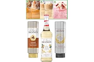Go2 Groceries Bundle Monin Premium Flavoured Coffee Syrups White Chocolate (700 ml), La Sauce De Monin Caramel, (500 ml), White Chocolate (500 ml) wih Recipe Cards