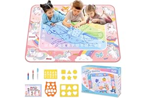 Lanvixo Wassermalmatte Kinderspielzeug, 100×80cm Groß Malmatte mit 3 Wasserstift & 3 Zeichenvorlagen, Wiederverwendbar Aqua Magic Wasser Doodle Matte für 4-8 Jahre Alte Jungen & Mädchen, Einhorn