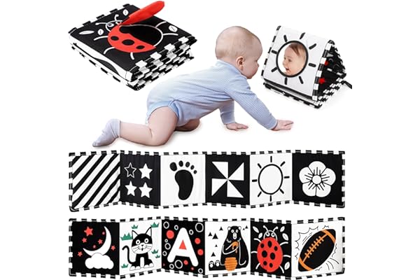 URMYWO Livre Tissu bébé 0-3-6-12 Mois,Livre Noir et Blanc Bébé Montessori,Livre de Haute Contraste en Tissu Sensoriel Bébé Naissance,Jouet eveil Bebe 0-3-6 Mois,Cadeau Parfait pour Bébé