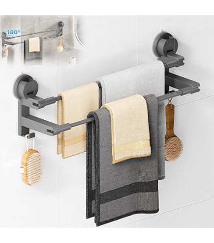 Handdoekhouder inklapbaar, handdoekrek zonder boren, handdoekstang, wandgemonteerd met 9 beweegbare haken en plank,voor badkamer, keuken, 59,5 x 26 x 14 cm