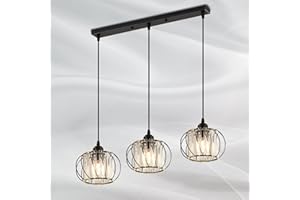 SUCIKORIO Lampara Techo Colgante 3 Focos, Retro Lámpara Colgante Techo E27 Iluminación Vintage Negra Industrial Metal Cristal Lamparas de Techo Salon (Bombilla No Incluida)