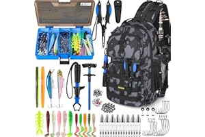 PLUSINNO Angelrucksack mit Rutenhaltern,wasserabweisend,für Angelausrüstung,Angelausrüstung für Angeln,Camping,Wandern,Angeln,Geschenke für Männer,Vater,Schwarz Camo