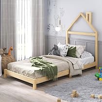 Lit Enfant Au Sol ELOA 90x190 Cm - Style Montessori Avec Tête De Lit Maison - Bois Massif Naturel