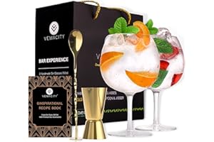 VEMACITY Set di 2 Bicchieri Gin Tonic di Lusso | Bicchiere Gin Tonic Fatto a Mano 700ml | Misurino Cocktail & Cucchiaio Oro | Bonus eBook di Ricette| Gin Tonic Kit Regalo | Bicchieri Gin Tonic Particolari