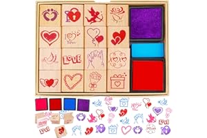 DPKOW 16pcs Valentine's Day Stamps with Ink Pad 4pcs, Wooden Heart Stamps for Kids Adult Crafting Gifts Favour Valentine's Day DIY Card Toy Crafts School Classroom Valentines Kids Toddler