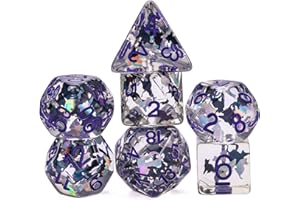 Cusdie 7-Die DND Dice, Polyhedral Dice Set Transparent D&D Dice Filled with Glitter Foil Animals for D&D Dungeons and Dragons RPGs Role Playing Table Games(Black and White Cat)