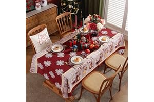 OWill Mantel de Navidad 150x200 cm,Mantel Antimanchas Rectangular con diseño de Copo de Nieve Blanco,Decoración Mesa,para Fiesta de Navidad Banquetes Cenas Cumpleaños,Rojo