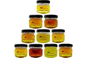 Coffret Cadeau Miels Rares, 10 types de miel naturel sans additifs ni conservateurs. Miel pur et savoureux pour adultes et enfants, 10 pots x 40g, 400g
