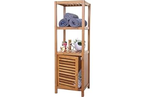 ‎MENDLER Mendler Badregal HWC-B18, Badezimmer Badschrank Standregal mit Tür, Bambus - 110x36x34cm