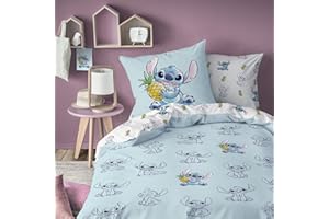 OMYDREAM Disney Home Stitch Ananas Parure de lit Enfant | 100% Coton | Oeko-TEX | Housse de Couette 140x200cm + 1 Taie d'oreiller 63x63cm | Imprimé Mixte | Bleu/Blanc