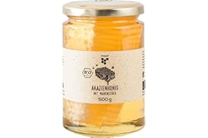 ‎BEEGUT BIO Akazienhonig mit Wabenstück, 500g feinster Honig mit Honigwabe, ursprünglicher & natürlicher Honiggenuss direkt aus dem Bienenstock