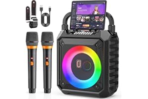 JYX Karaoke Machine with 2 Wireless Microphones, 12H Battery Portable Bluetooth Speaker with Reverb Control & LED Lights for Adults and Kids