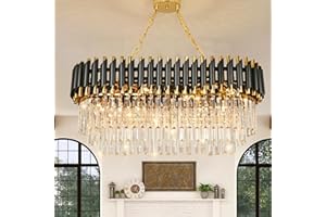 SEENVLOG Modern Luxury Crystal Pendant Light Black Golden Crystal Chandelier Lights 3-Tier Raindrop Chandelier Light Fixture Flush Mount Ceiling Light for Dining Room Living Room Table Foyer,L80cm*W30cm