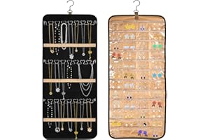 bssmmai Wiszący organizer na biżuterię, do przechowywania biżuterii, dwustronny, z 48 kieszeniami i 3 metalowymi haczykami, organizer na łańcuszki, może być umieszczony na szafie na ubrania, uchwyt na