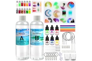 JUSPOTA Kit Résine Epoxy Débutant Complet, Résine Èpoxy Transparente 240ml, Revêtement en Résine pour Porte Clés et Fabrication de Bijoux avec Colorant, Collier Paillettes Moule, Porte clés