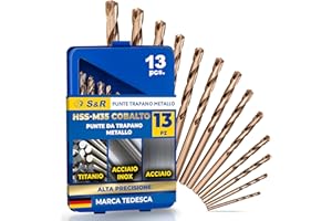 S&R S & R punte trapano per metallo, Set 1,5-6,5 mm, 13 pezzi, DIN 338, HSS COBALTO, legato cobalto, C-taglio a DIN 1412 135 °, lucidato, scatola di metallo. qualità professionale