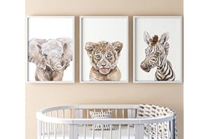 Eviepops Prints Set di 3 stampe senza cornice per la cameretta dei bambini, ragazza o ragazzo, decorazione per camera da letto, poster decorativi da parete, elefante zebra leone (A3)