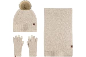 Anopo Sciarpa Berretto Guanto Set Donna Guanti Touchscreen Lunghi Caldo Sciarpa Cappello a Maglia con Pom Pom Inverno Caldo Spessa Set