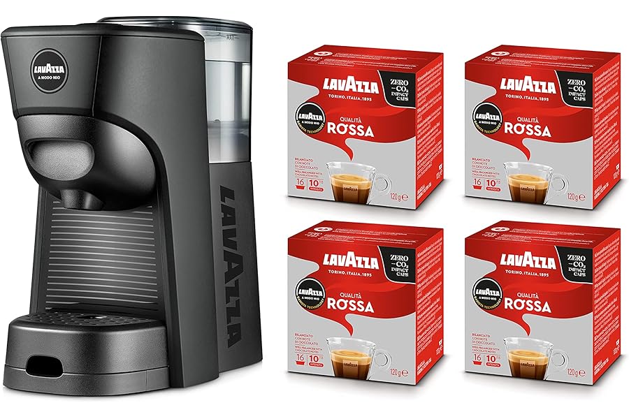Lavazza, A Modo Mio Tiny Eco Black Coffee Machine with 64 Red Quality Capsules Included, Recycled Plastic Espresso Machine, 1450 W, 220-240 V, 50/60 Hz, 0.6 Litres