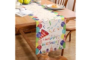 HANRUNSI Tischläufer Birthday Ballon Kuchen Geschenkbox Alles Gute Geburtstag Tischläufer Süßigkeiten Buntes Band Tischläufer Abdeckungen für Partys Dekoration mit Blinkenden Geschredderten Stücken 33 x 183