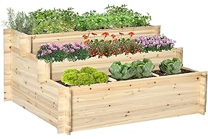 Outsunny 117cm x 100cm x 54cm 3 Tier Raised Garden Bed 376L Fir Wood Elevated Planter Flower Box with 9 Grow Grids and Non-woven Fabric for Vegetables, Flower, Herb Outdoor Indoor Use