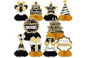 DTOFOOT 10 Stück Tischdeko Geburtstag, Geburtstag Bienenwaben Mittelstück Tischdekoration Schwarz Gold Papier Happy Birthday Deko Geburtstag Tischaufsätze für Männer Frauen Geburtstagsparty Zubehör