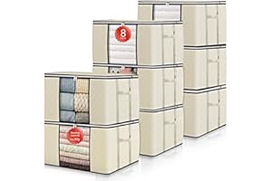 GoMaihe Sac de Rangement Vetement 90L: Boîte de Rangement Couette Organisateur de Placard, Déménagement Bac de Rangement |Fenêtre Transparente | Pliable | Poignée Renforcée, 8 Pièces Beige
