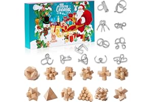 Calendrier de l'Avent 2021, Compte à Rebours de Noël Blocs en Bois 3D Casse-tête en Métal Casse-tête, 24 pcs Cadeaux de Noël Surprise Jeux de test de QI Jouet éducatif pour Enfants et Adultes