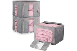 HIVEXAGON 100L Clothes Storage Bag Metal Frame Fiberboard Bottom Thick Breathable Cotton Linen Protect from Moisture Dust Sturdy Handle Double Opening Zipper Perfect for Clothing Toys Sheets Blankets (Set of 3)