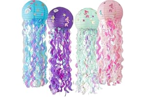 EPODA Set da 4 Pezzi per Decorazioni di Compleanno a Tema Sirena, Lanterne di Carta a Forma di Medusa, Decorazioni per Feste di Compleanno Sottomarine, Forniture per Feste a Tema Oceano