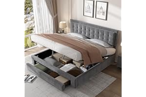 KAYAN Upholstered King Size Bed 150 x 200cm, Ottoman Storage Bed with Hydraulic Lever and Drawer, Large Storage Space, Velvet Fabric Ottoman Lift Up 5FT King Size Bedframe, No Mattress (Grey, 150 x 200cm)