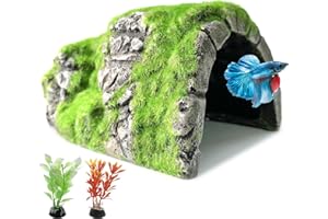 M2cbridge Aquarium Decorations Fish Hideout House Betta Cave with Green Lifelike Moss (Betta Rock Cave)