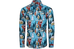 MOHEZ Mens Novelty Christmas Shirt Long Sleeves Ugly Xmas Shirt Santa Claus Printed Holiday Party Top