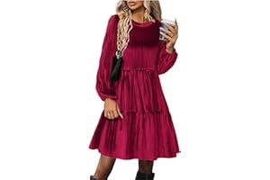 Zeagoo Donna Vestito Manica Lunga Elegante Abito in Velluto Scollo Rotondo Volant Linea A Vita Alta Casual Abiti Abito Invernale con Tasche