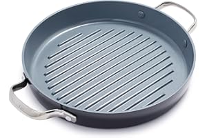 GreenPan Valencia Pro Poêle à griller ronde de 28 cm en céramique anodisée dure antiadhésive, sans PFAS, sans induction, sans risque pour le lave-vaisselle, sans risque pour le four, Gris