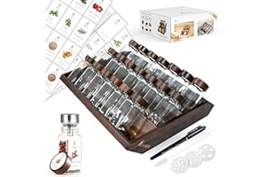 SAEIV Frascos De Especias Cuadrados Con Estante De Madera De Acacia 2-En-1 (FCM®) - Juego De 21X120Ml Saleros, 120 Etiquetas, Compatible Vertical & Cajón - Organizador Con Insertador Agitador